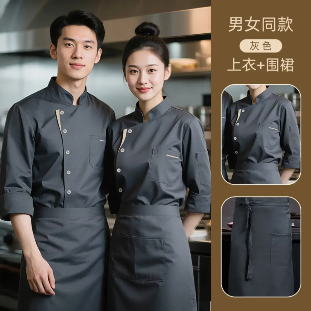 黑色斜排扣七分袖厨师服 - 图片 6
