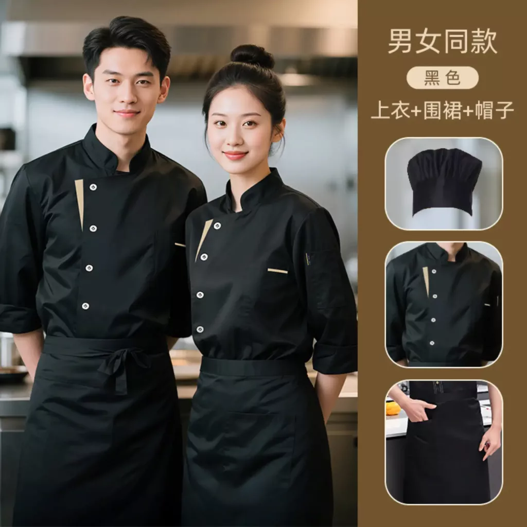 黑色斜排扣七分袖厨师服 - 图片 8