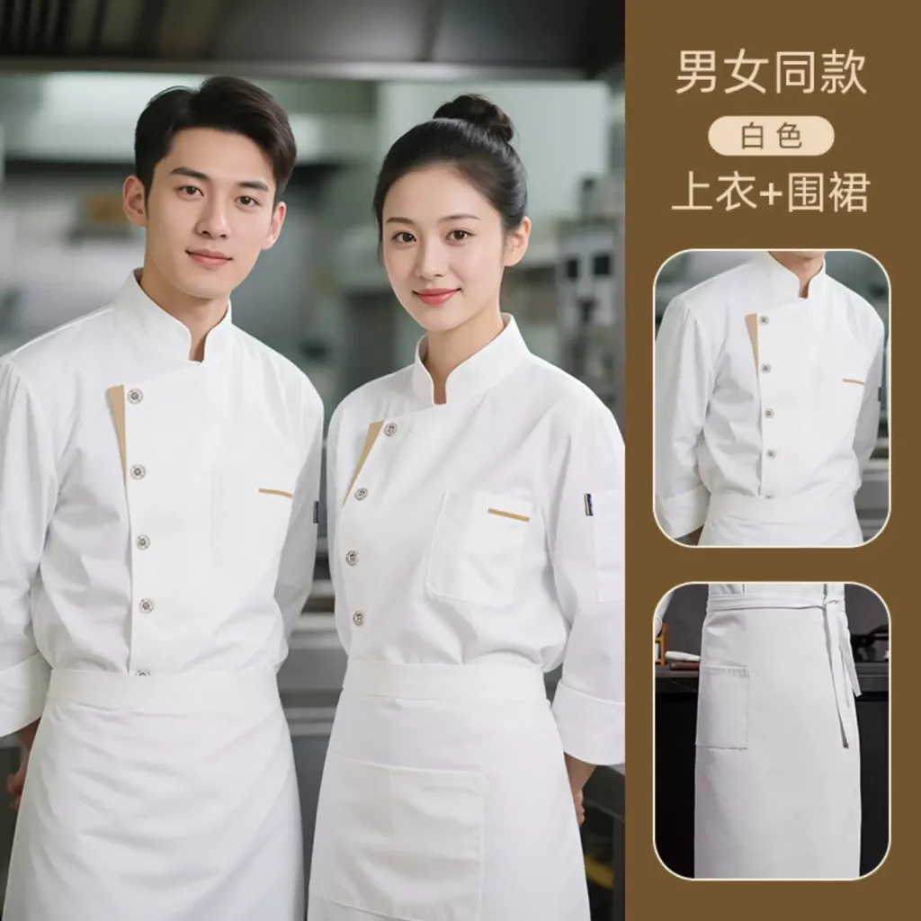 黑色斜排扣七分袖厨师服 - 图片 5