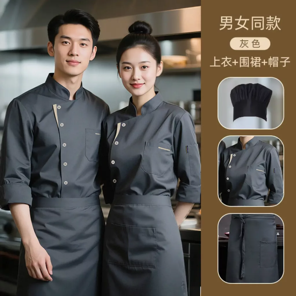 黑色斜排扣七分袖厨师服 - 图片 9