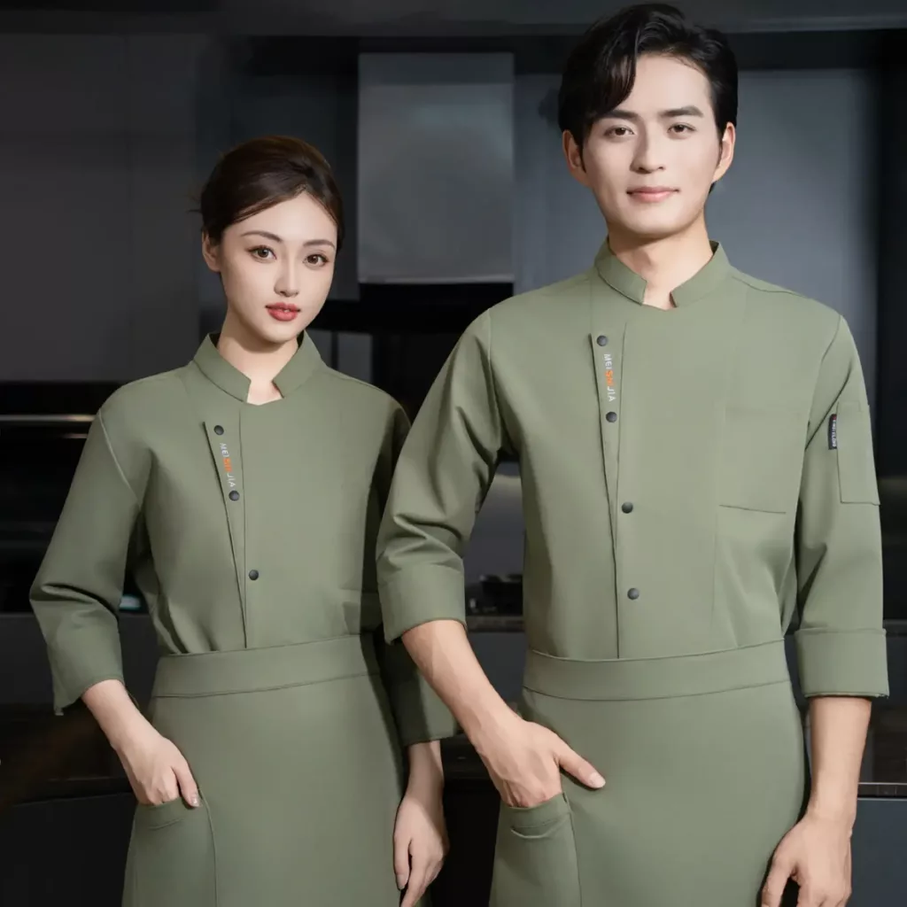 浅绿色立领长袖厨师服 - 图片 4