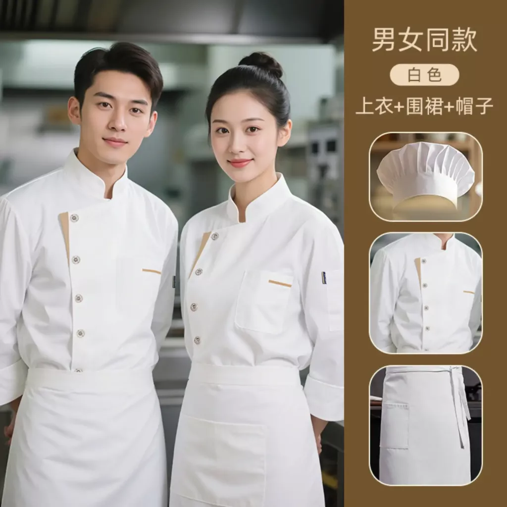黑色斜排扣七分袖厨师服 - 图片 7
